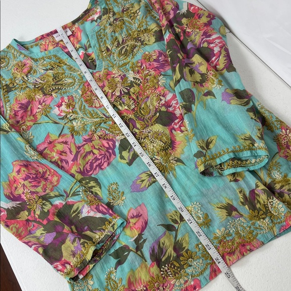 Indika Embroidered Tunic Top Floral V Neck Long Sleeve Light Teal Boho - Picture 5 of 8